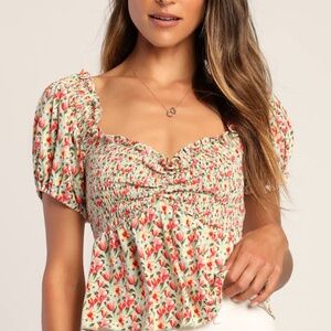 Lulus Such A Flirt Sage Floral Smocked Peplum Short Sleeve Top Green - Size XS